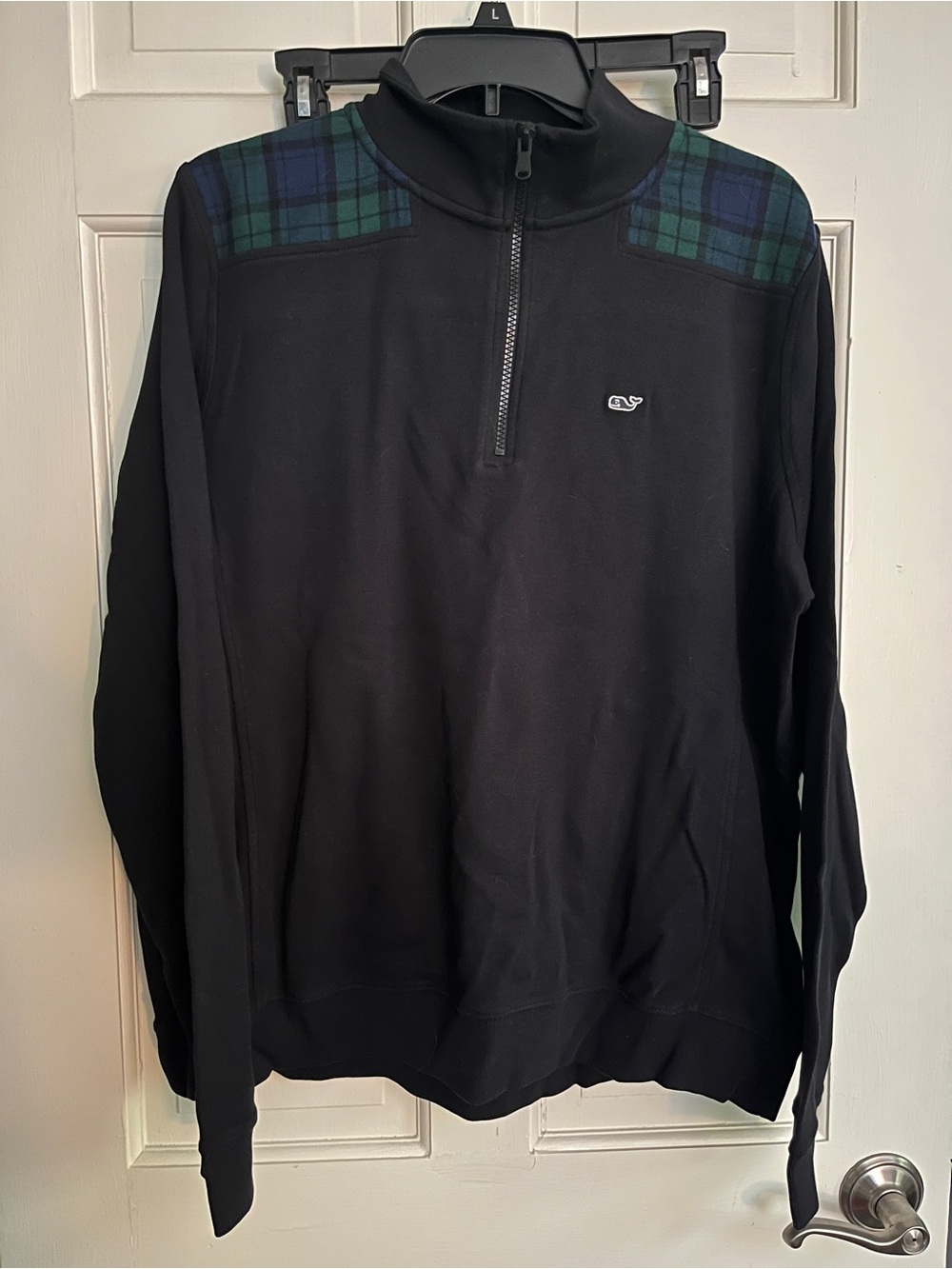 Vineyard Vines Women’s Black Quarter-Zip Pullover with Green Plaid Accents